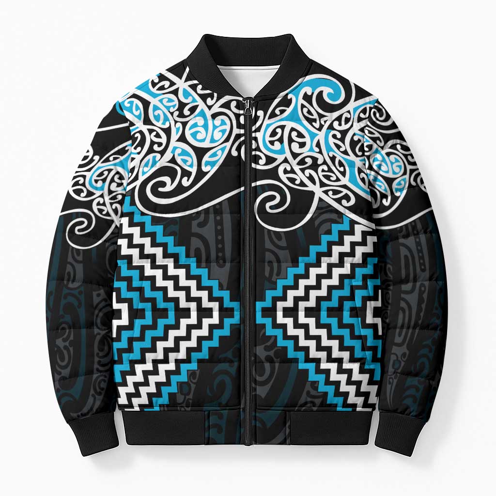 Blue Aotearoa Tukutuku Manawa Tapu Bomber Puffer Jacket Ta Moko Toi Maori - Aussie Hoodie