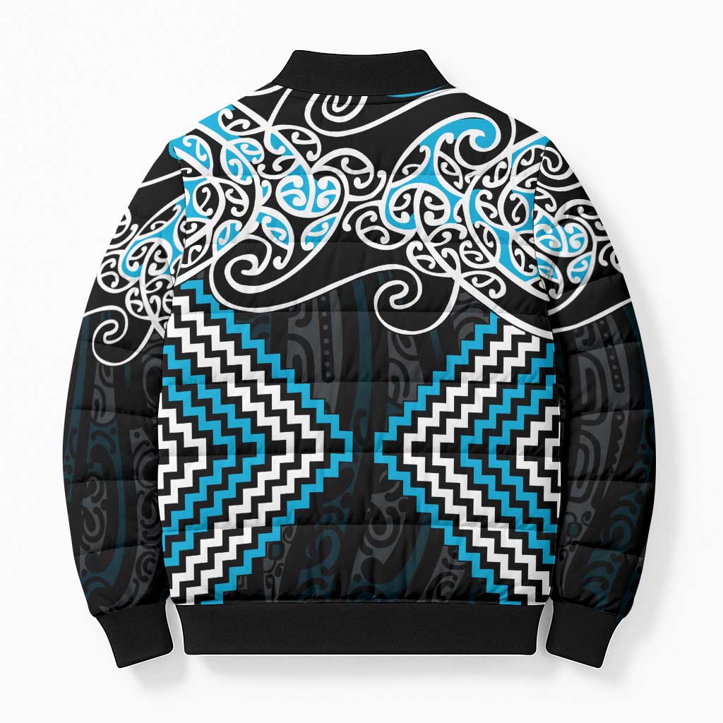 Blue Aotearoa Tukutuku Manawa Tapu Bomber Puffer Jacket Ta Moko Toi Maori - Aussie Hoodie