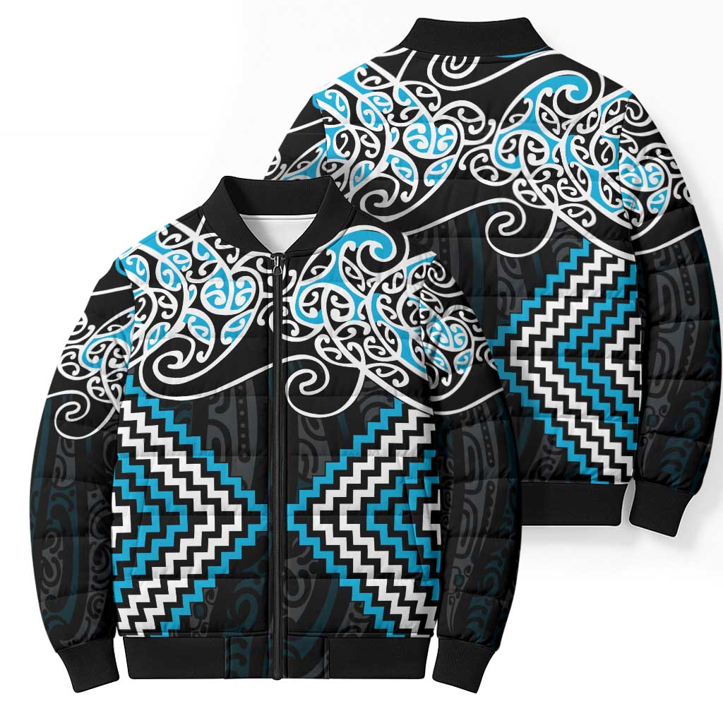 Blue Aotearoa Tukutuku Manawa Tapu Bomber Puffer Jacket Ta Moko Toi Maori - Aussie Hoodie