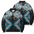 Blue Aotearoa Tukutuku Manawa Tapu Bomber Puffer Jacket Ta Moko Toi Maori - Aussie Hoodie
