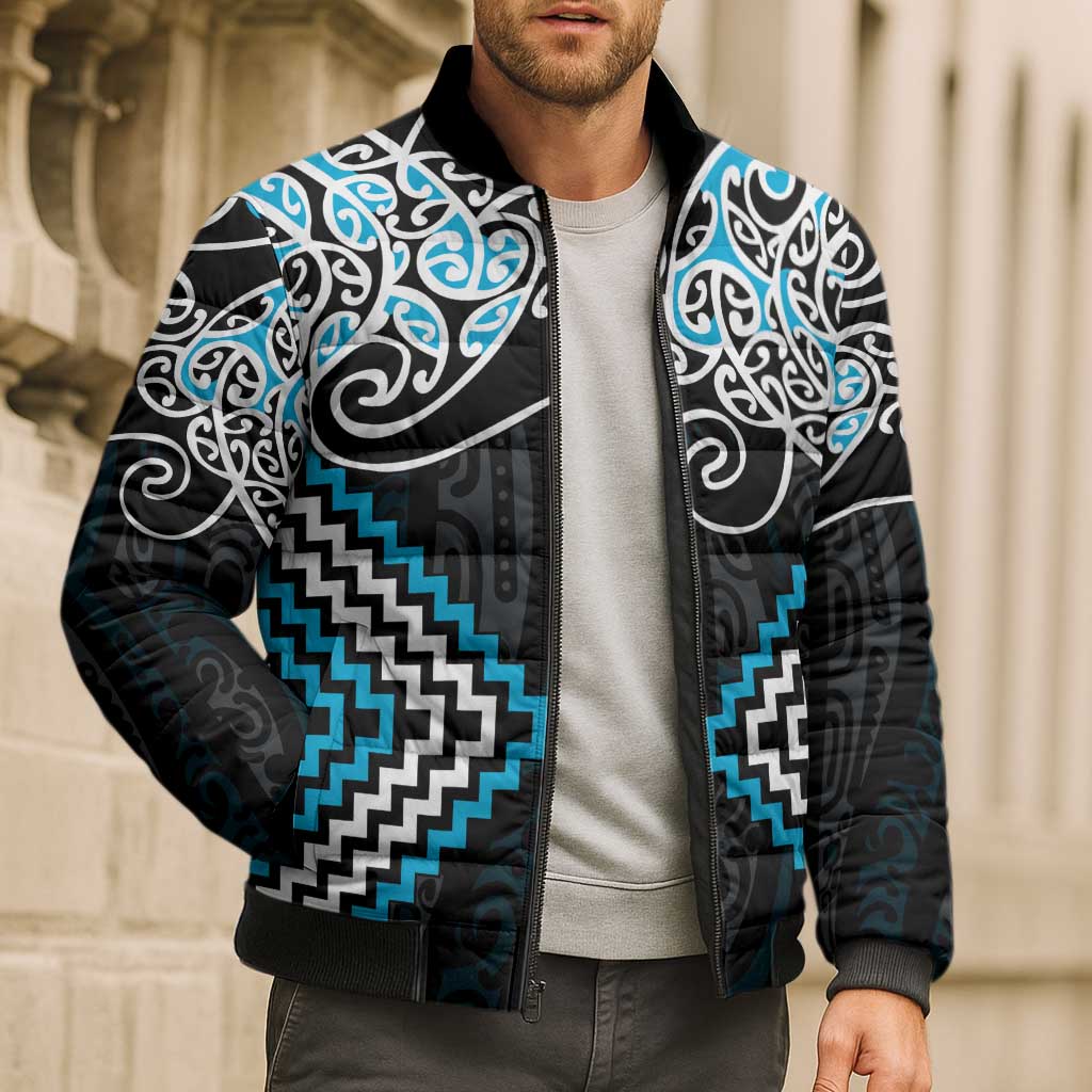 Blue Aotearoa Tukutuku Manawa Tapu Bomber Puffer Jacket Ta Moko Toi Maori - Aussie Hoodie