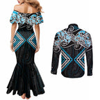 Blue Aotearoa Tukutuku Manawa Tapu Couples Matching Mermaid Dress and Long Sleeve Button Shirt Ta Moko Toi Maori