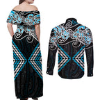 Blue Aotearoa Tukutuku Manawa Tapu Couples Matching Off Shoulder Maxi Dress and Long Sleeve Button Shirt Ta Moko Toi Maori