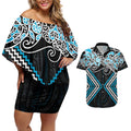 Blue Aotearoa Tukutuku Manawa Tapu Couples Matching Off Shoulder Short Dress and Hawaiian Shirt Ta Moko Toi Maori