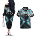 Blue Aotearoa Tukutuku Manawa Tapu Couples Matching Off The Shoulder Long Sleeve Dress and Hawaiian Shirt Ta Moko Toi Maori