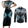 Blue Aotearoa Tukutuku Manawa Tapu Couples Matching Short Sleeve Bodycon Dress and Long Sleeve Button Shirt Ta Moko Toi Maori