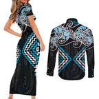 Blue Aotearoa Tukutuku Manawa Tapu Couples Matching Short Sleeve Bodycon Dress and Long Sleeve Button Shirt Ta Moko Toi Maori