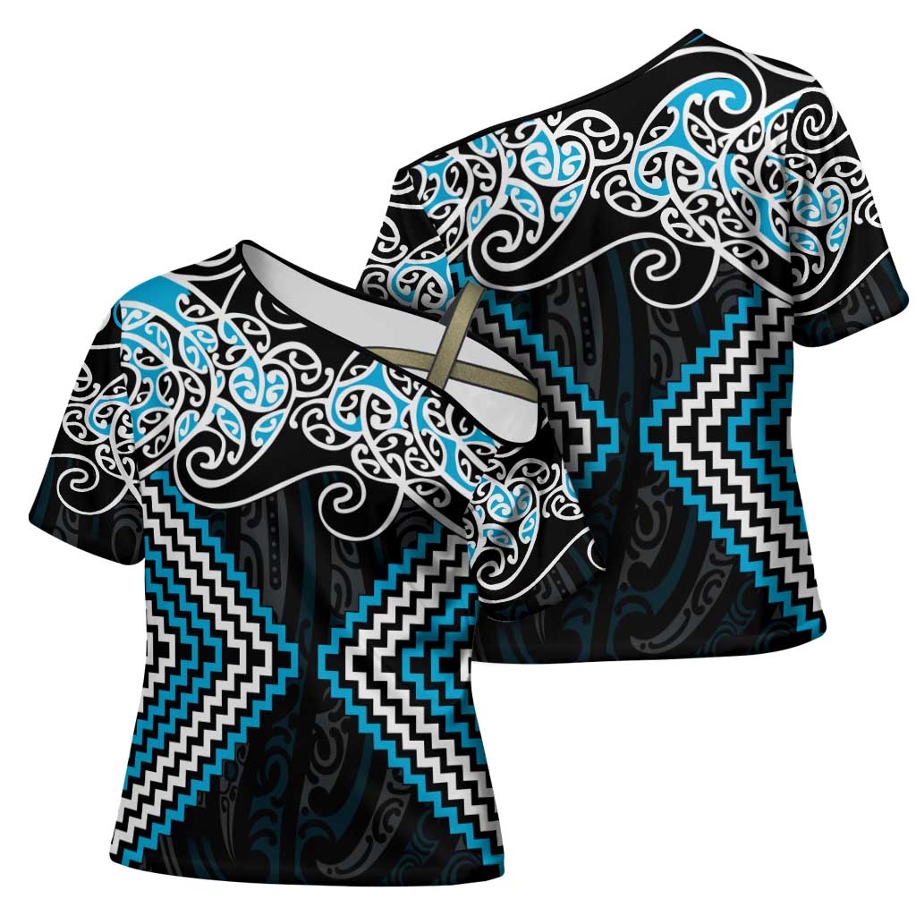 Blue Aotearoa Tukutuku Manawa Tapu Cross Shoulder Shirt Ta Moko Toi Maori - Aussie Hoodie