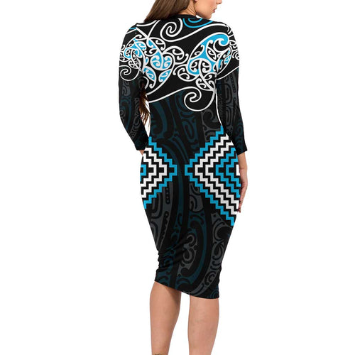 Blue Aotearoa Tukutuku Manawa Tapu Family Matching Long Sleeve Bodycon Dress and Hawaiian Shirt Ta Moko Toi Maori