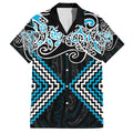 Blue Aotearoa Tukutuku Manawa Tapu Family Matching Off The Shoulder Long Sleeve Dress and Hawaiian Shirt Ta Moko Toi Maori