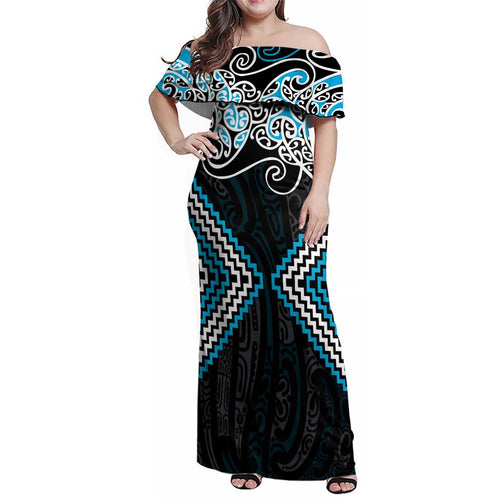 Blue Aotearoa Tukutuku Manawa Tapu Family Matching Off Shoulder Maxi Dress and Hawaiian Shirt Ta Moko Toi Maori