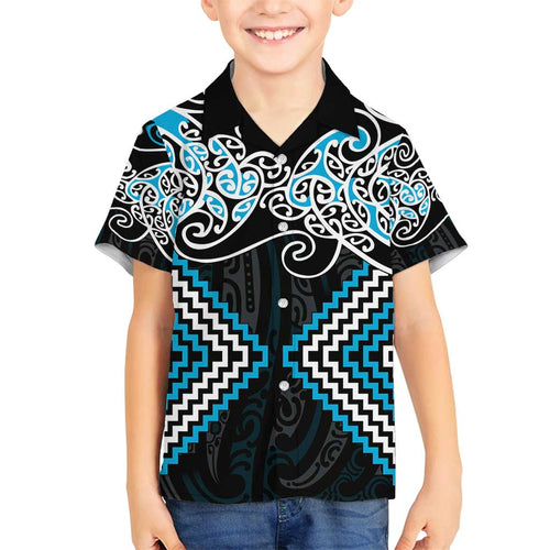Blue Aotearoa Tukutuku Manawa Tapu Family Matching Off Shoulder Maxi Dress and Hawaiian Shirt Ta Moko Toi Maori