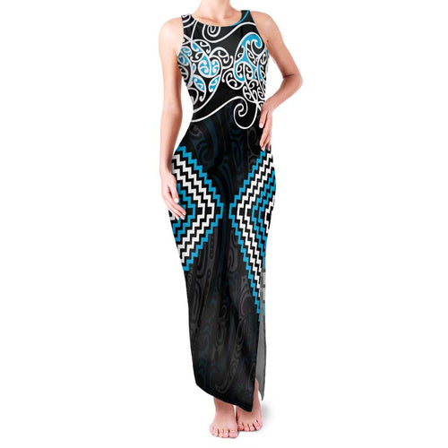 Blue Aotearoa Tukutuku Manawa Tapu Family Matching Tank Maxi Dress and Hawaiian Shirt Ta Moko Toi Maori