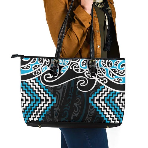 Blue Aotearoa Tukutuku Manawa Tapu Leather Tote Bag Ta Moko Toi Maori