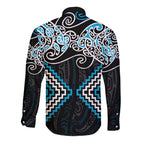 Blue Aotearoa Tukutuku Manawa Tapu Long Sleeve Button Shirt Ta Moko Toi Maori