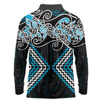 Blue Aotearoa Tukutuku Manawa Tapu Long Sleeve Polo Shirt Ta Moko Toi Maori
