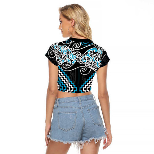 Blue Aotearoa Tukutuku Manawa Tapu Raglan Cropped T Shirt Ta Moko Toi Maori