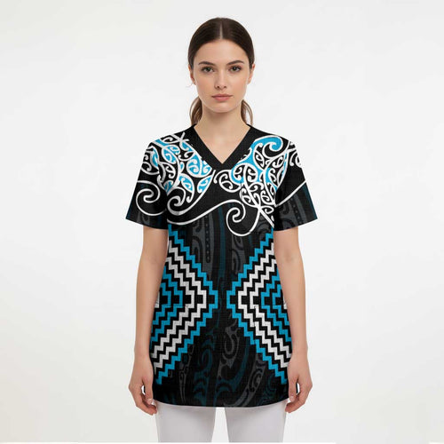 Blue Aotearoa Tukutuku Manawa Tapu Scrub Top Ta Moko Toi Maori - Aussie Hoodie