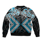 Blue Aotearoa Tukutuku Manawa Tapu Sleeve Zip Bomber Jacket Ta Moko Toi Maori