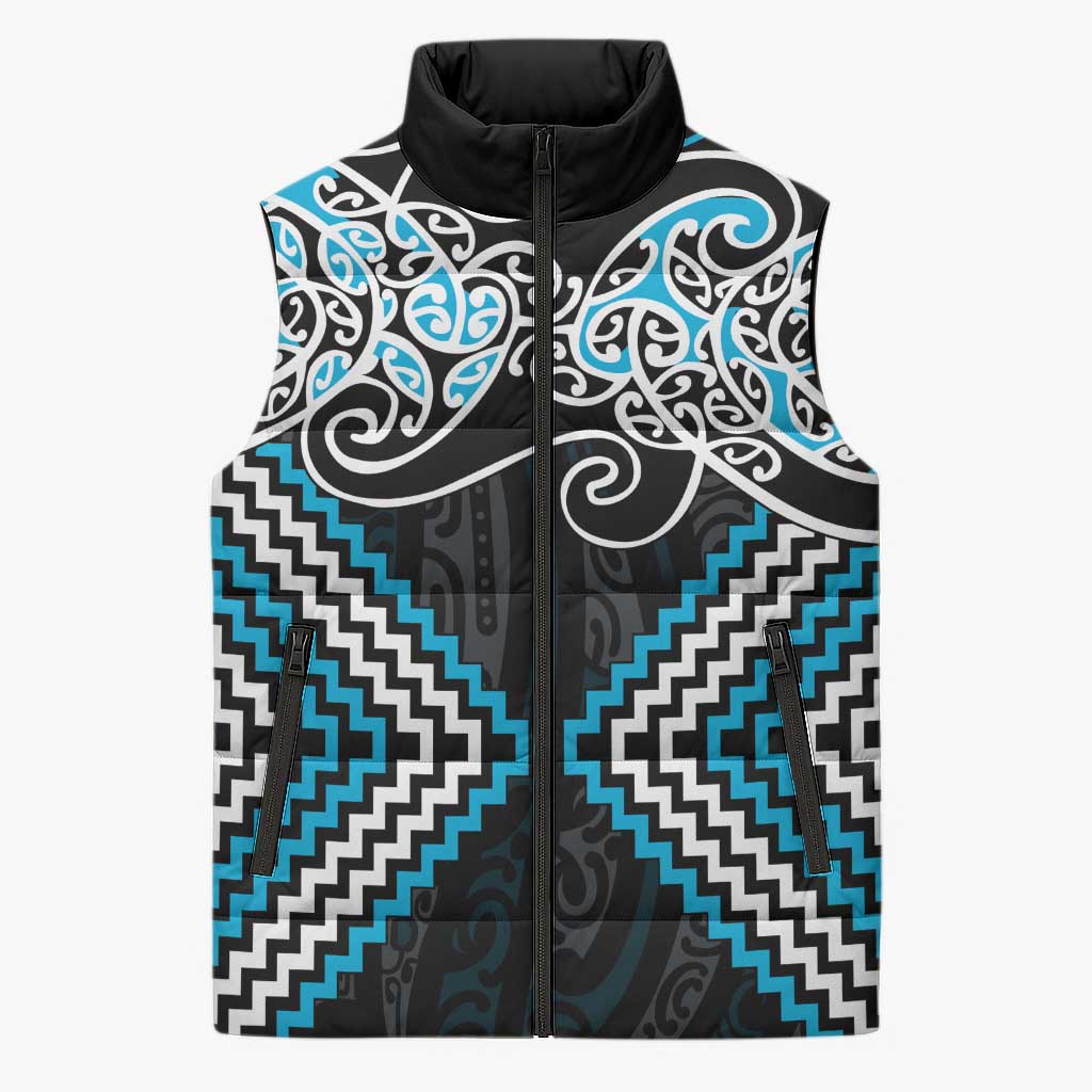 Blue Aotearoa Tukutuku Manawa Tapu Sleeveless Puffer Jacket Ta Moko Toi Maori - Aussie Hoodie