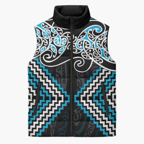 Blue Aotearoa Tukutuku Manawa Tapu Sleeveless Puffer Jacket Ta Moko Toi Maori - Aussie Hoodie