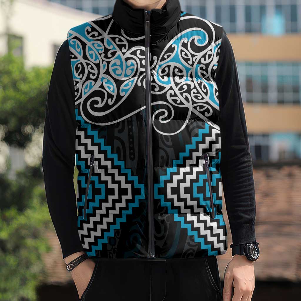 Blue Aotearoa Tukutuku Manawa Tapu Sleeveless Puffer Jacket Ta Moko Toi Maori - Aussie Hoodie
