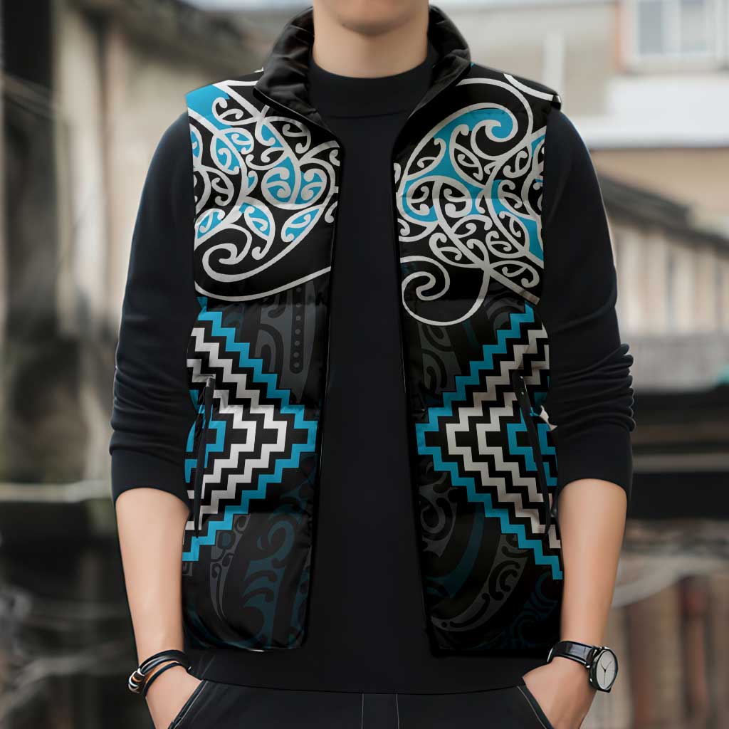 Blue Aotearoa Tukutuku Manawa Tapu Sleeveless Puffer Jacket Ta Moko Toi Maori - Aussie Hoodie