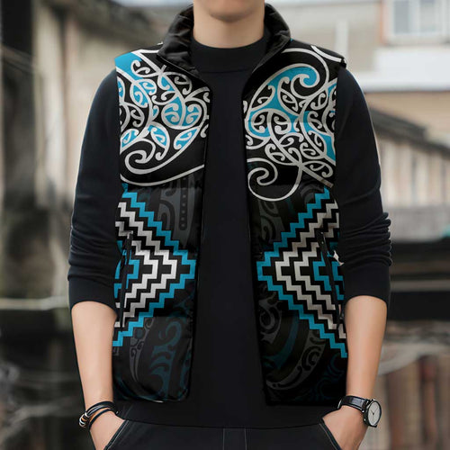 Blue Aotearoa Tukutuku Manawa Tapu Sleeveless Puffer Jacket Ta Moko Toi Maori - Aussie Hoodie