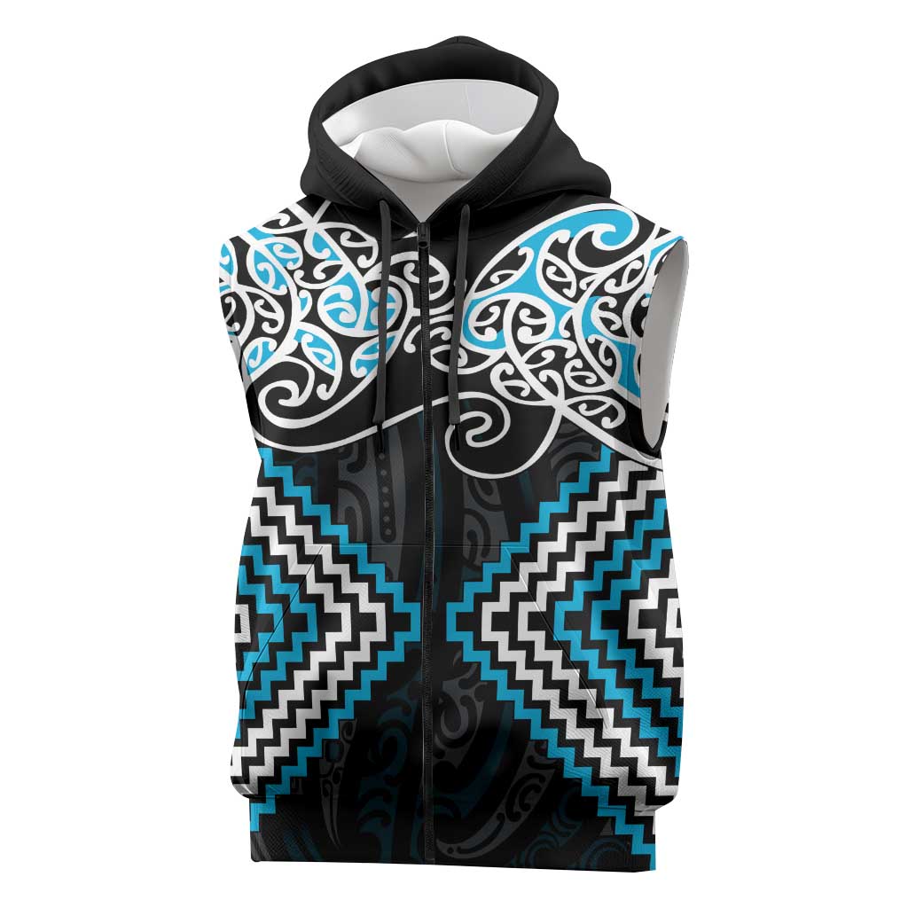 Blue Aotearoa Tukutuku Manawa Tapu Sleeveless Zip Hoodie Ta Moko Toi Maori LT9