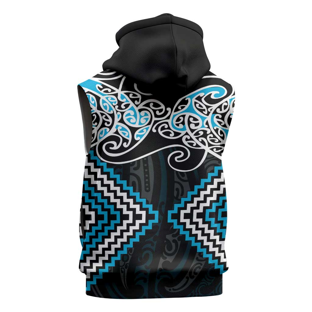 Blue Aotearoa Tukutuku Manawa Tapu Sleeveless Zip Hoodie Ta Moko Toi Maori LT9