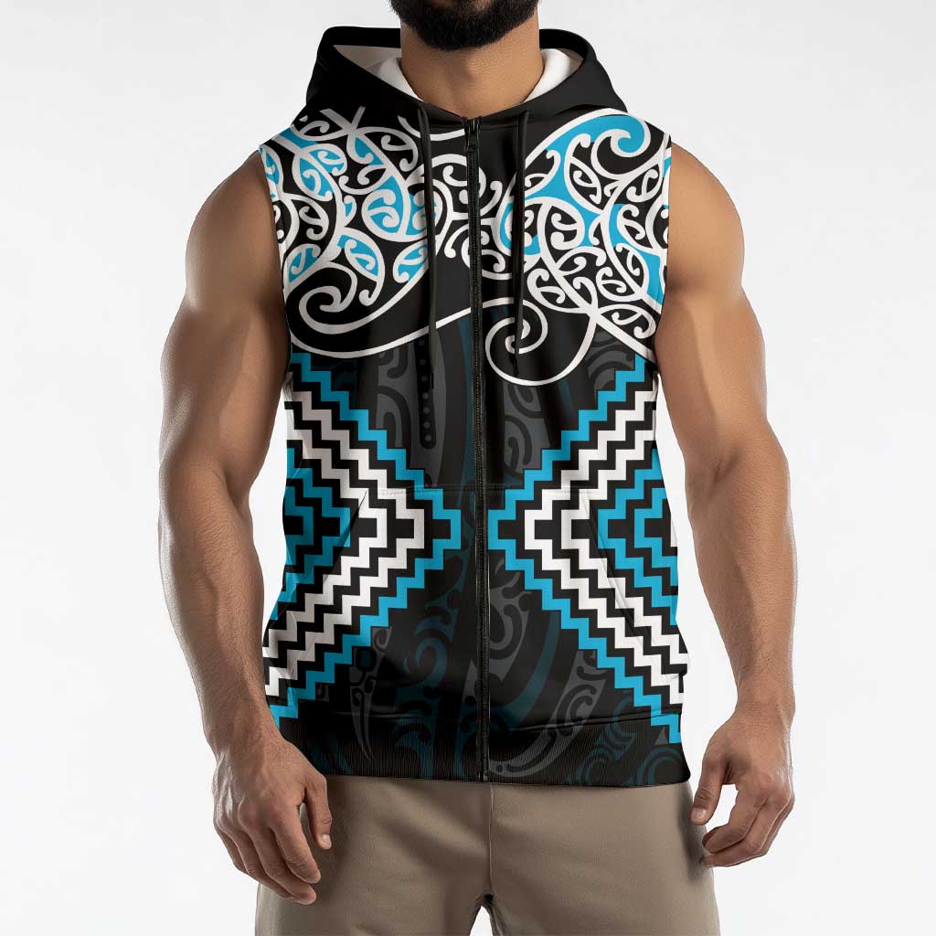 Blue Aotearoa Tukutuku Manawa Tapu Sleeveless Zip Hoodie Ta Moko Toi Maori LT9