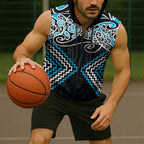 Blue Aotearoa Tukutuku Manawa Tapu Sleeveless Zip Hoodie Ta Moko Toi Maori LT9