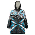 Blue Aotearoa Tukutuku Manawa Tapu Wearable Blanket Hoodie Ta Moko Toi Maori
