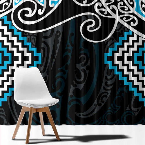 Blue Aotearoa Tukutuku Manawa Tapu Window Curtain Ta Moko Toi Maori