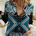 Blue Aotearoa Tukutuku Manawa Tapu Women Casual Shirt Ta Moko Toi Maori