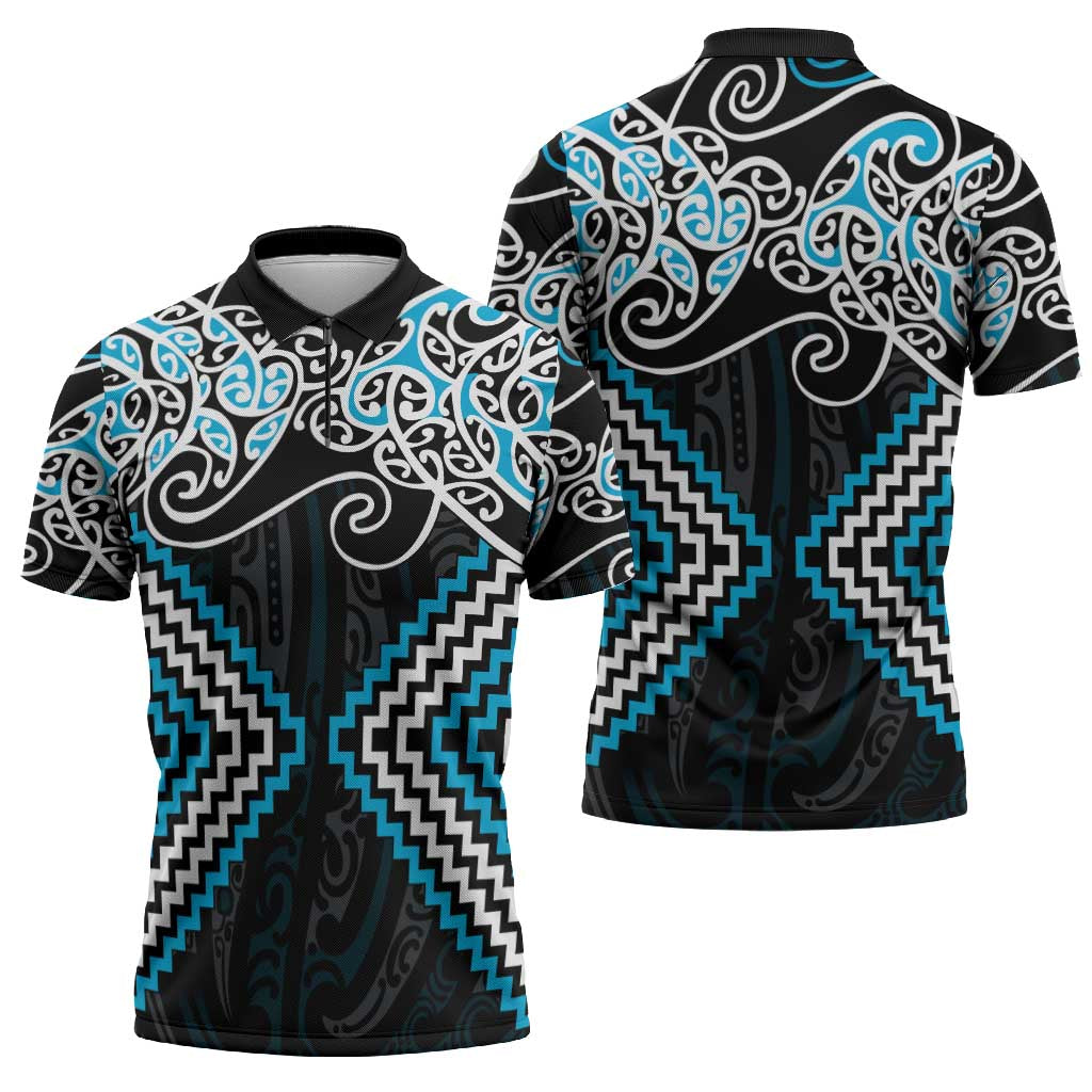 Blue Aotearoa Tukutuku Manawa Tapu Zipper Polo Shirt Ta Moko Toi Maori - Aussie Hoodie