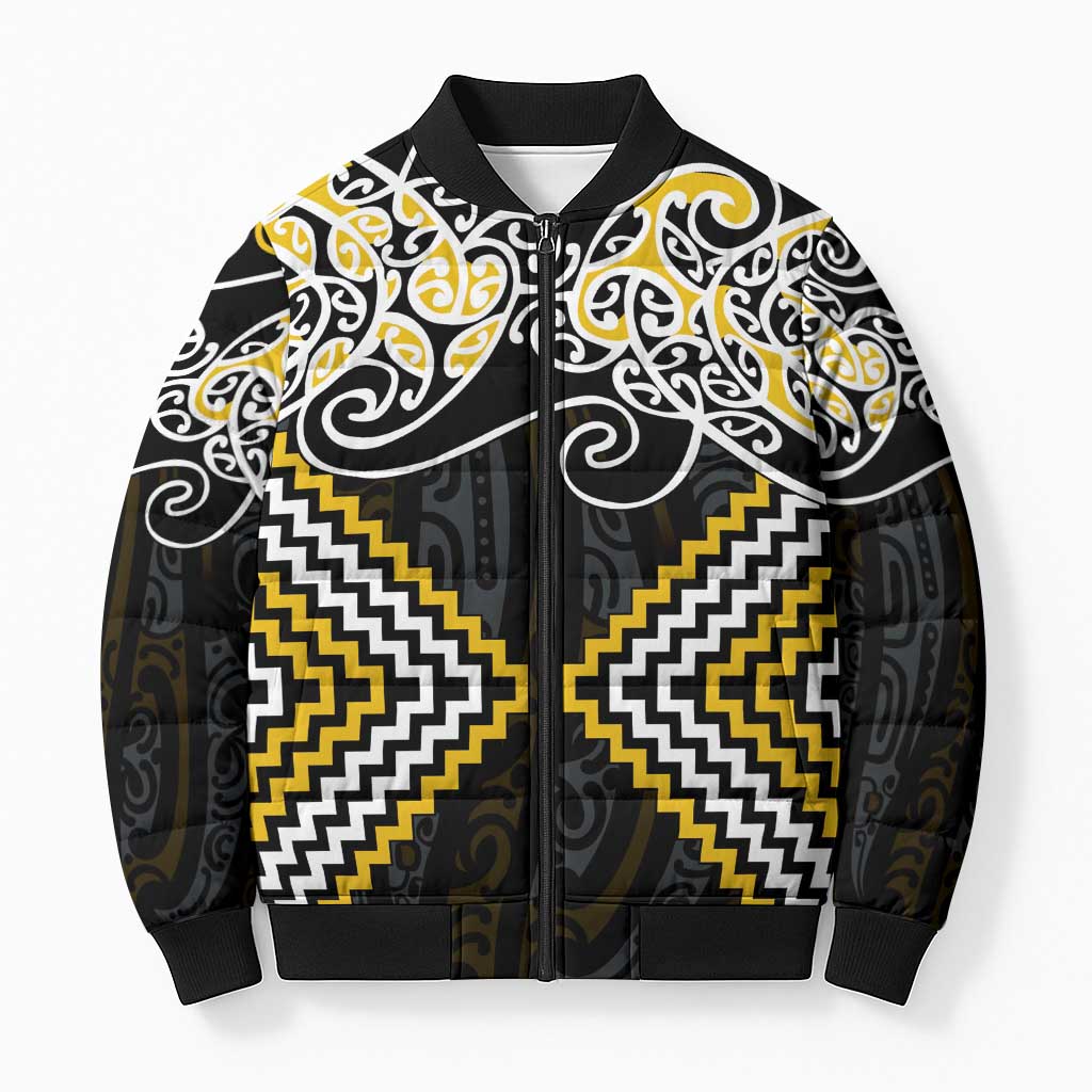 Gold Aotearoa Tukutuku Manawa Tapu Bomber Puffer Jacket Ta Moko Toi Maori - Aussie Hoodie