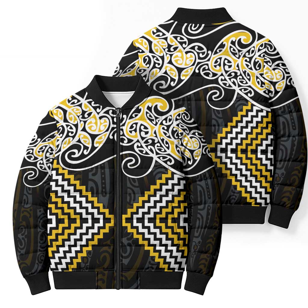 Gold Aotearoa Tukutuku Manawa Tapu Bomber Puffer Jacket Ta Moko Toi Maori - Aussie Hoodie
