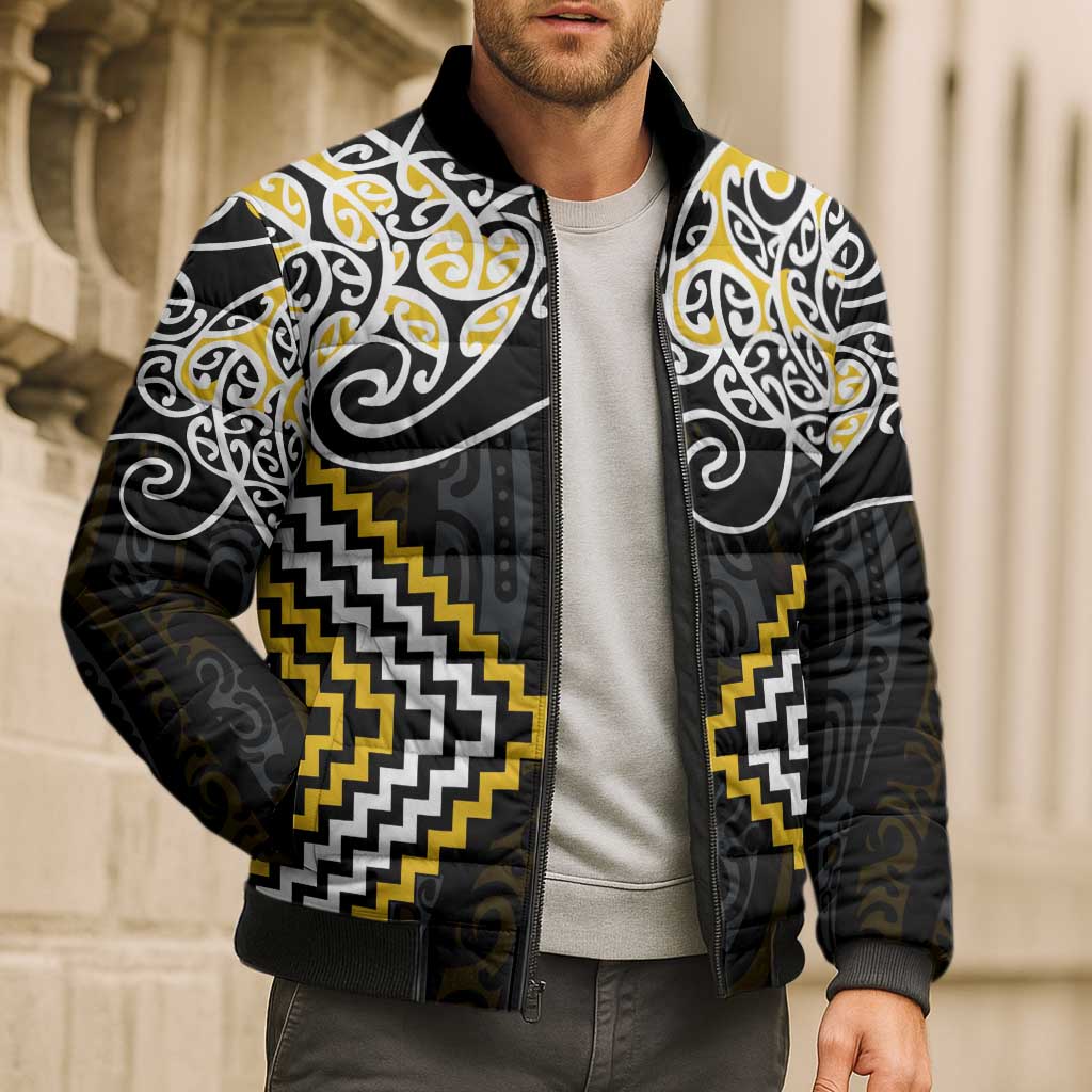 Gold Aotearoa Tukutuku Manawa Tapu Bomber Puffer Jacket Ta Moko Toi Maori - Aussie Hoodie