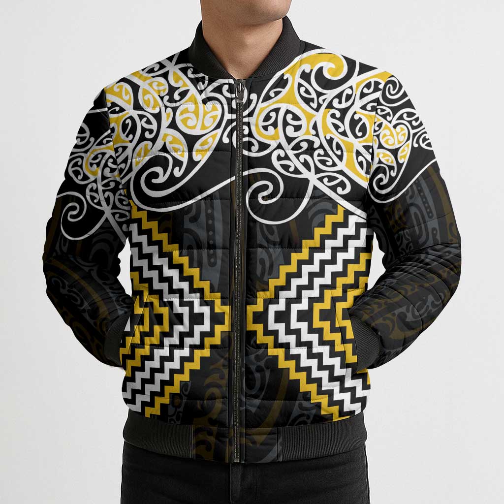 Gold Aotearoa Tukutuku Manawa Tapu Bomber Puffer Jacket Ta Moko Toi Maori - Aussie Hoodie