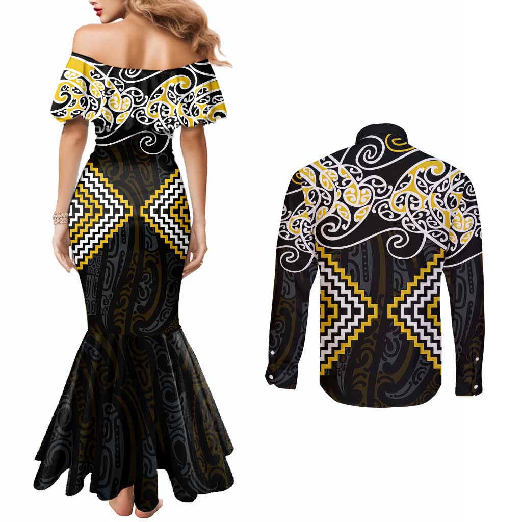 Gold Aotearoa Tukutuku Manawa Tapu Couples Matching Mermaid Dress and Long Sleeve Button Shirt Ta Moko Toi Maori