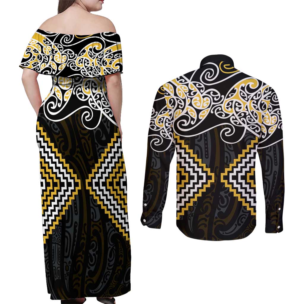 Gold Aotearoa Tukutuku Manawa Tapu Couples Matching Off Shoulder Maxi Dress and Long Sleeve Button Shirt Ta Moko Toi Maori