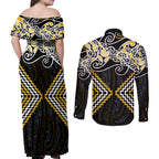 Gold Aotearoa Tukutuku Manawa Tapu Couples Matching Off Shoulder Maxi Dress and Long Sleeve Button Shirt Ta Moko Toi Maori