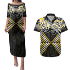 Gold Aotearoa Tukutuku Manawa Tapu Couples Matching Puletasi and Hawaiian Shirt Ta Moko Toi Maori