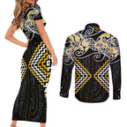 Gold Aotearoa Tukutuku Manawa Tapu Couples Matching Short Sleeve Bodycon Dress and Long Sleeve Button Shirt Ta Moko Toi Maori
