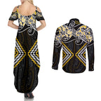 Gold Aotearoa Tukutuku Manawa Tapu Couples Matching Summer Maxi Dress and Long Sleeve Button Shirt Ta Moko Toi Maori