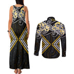 Gold Aotearoa Tukutuku Manawa Tapu Couples Matching Tank Maxi Dress and Long Sleeve Button Shirt Ta Moko Toi Maori