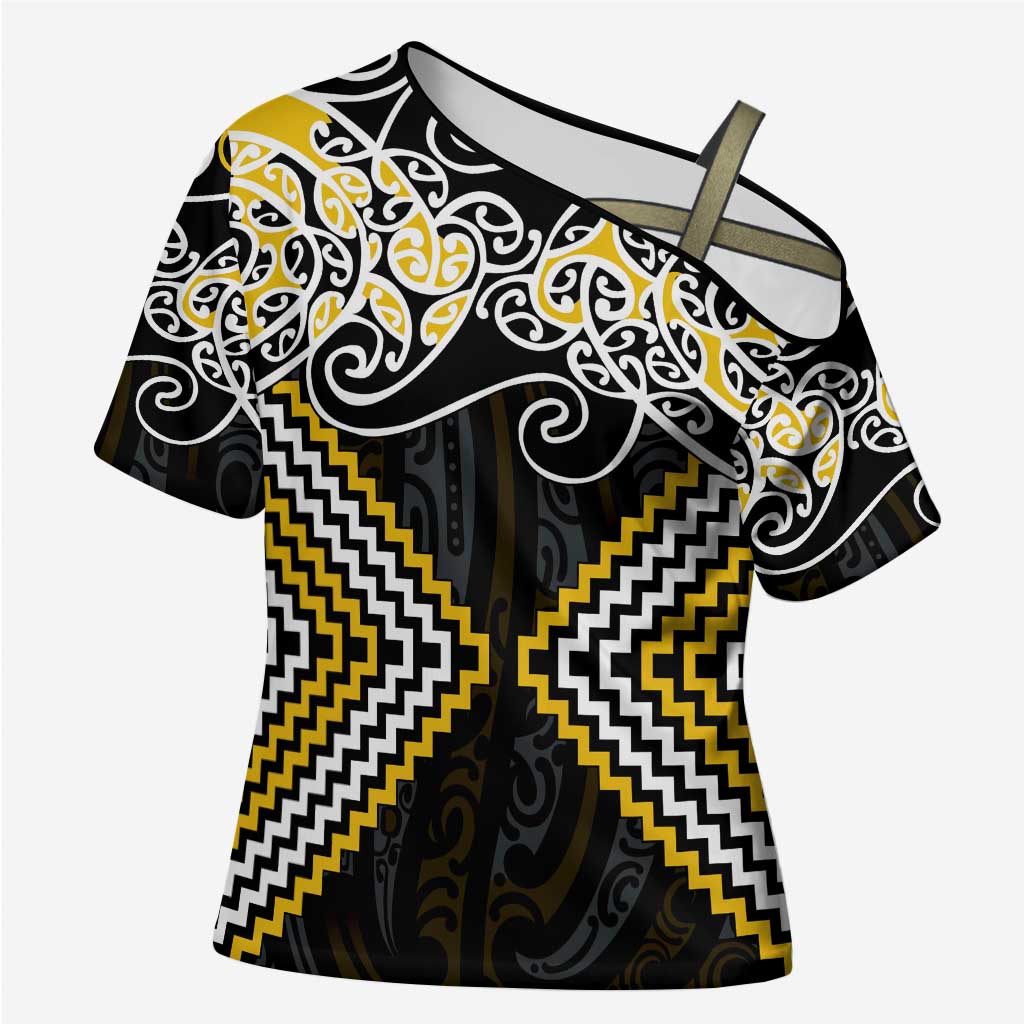 Gold Aotearoa Tukutuku Manawa Tapu Cross Shoulder Shirt Ta Moko Toi Maori - Aussie Hoodie