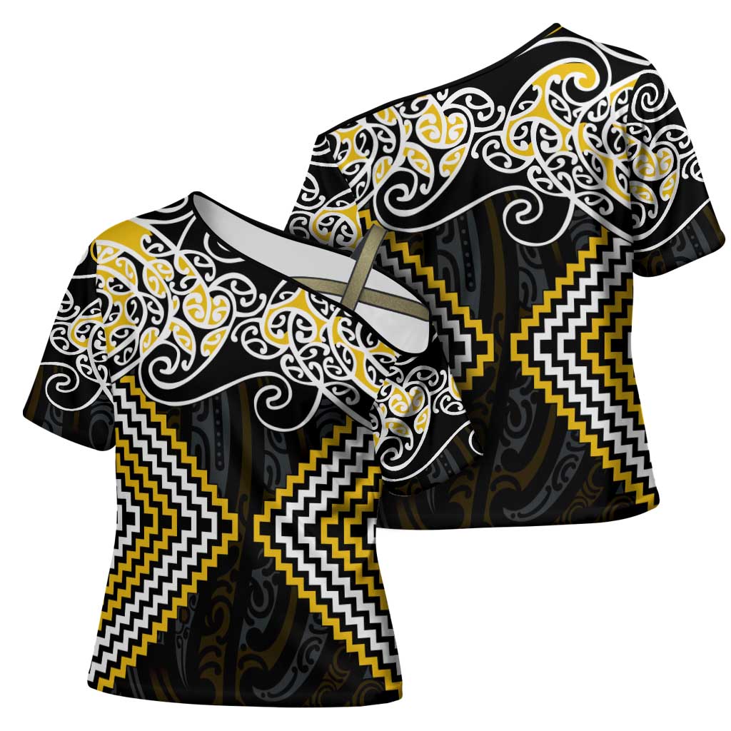 Gold Aotearoa Tukutuku Manawa Tapu Cross Shoulder Shirt Ta Moko Toi Maori - Aussie Hoodie
