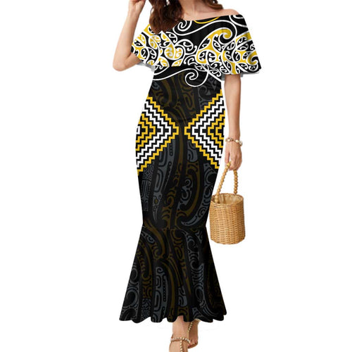 Gold Aotearoa Tukutuku Manawa Tapu Family Matching Mermaid Dress and Hawaiian Shirt Ta Moko Toi Maori